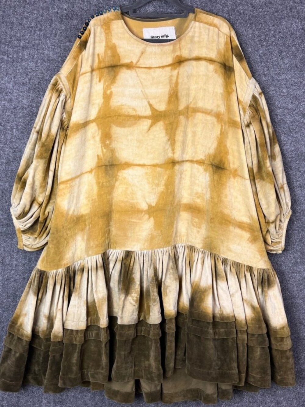 Story Mfg Tie Dye Velvet Midi Dress Puff Sleeve Ruffle Boho Organic cotton